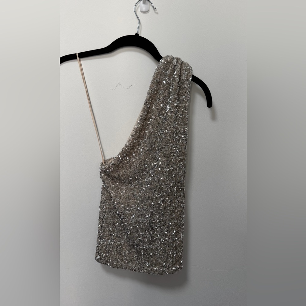 Zara Silver Sequin One-Shoulder Top